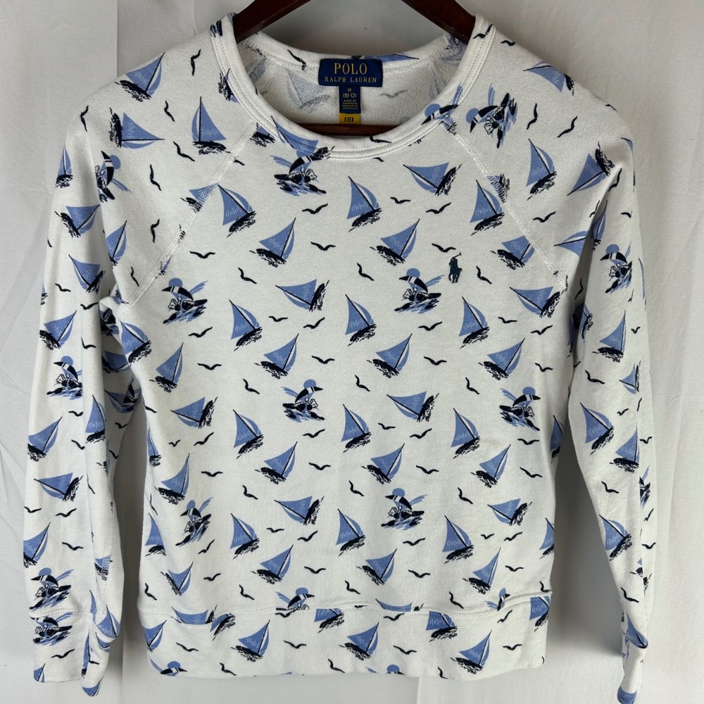 Polo Ralph Lauren Boys Spa Terry Sweatshirt White Blue Sailboats Bear Sz M 10-12